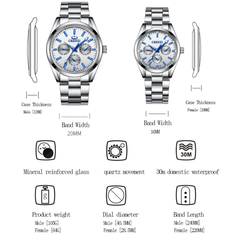 CHENXI Stainless Steel Couple Quartz Watch Waterproof Wristwatches for Men Women Top Luxury Brand Fashion Casual Analog Clock