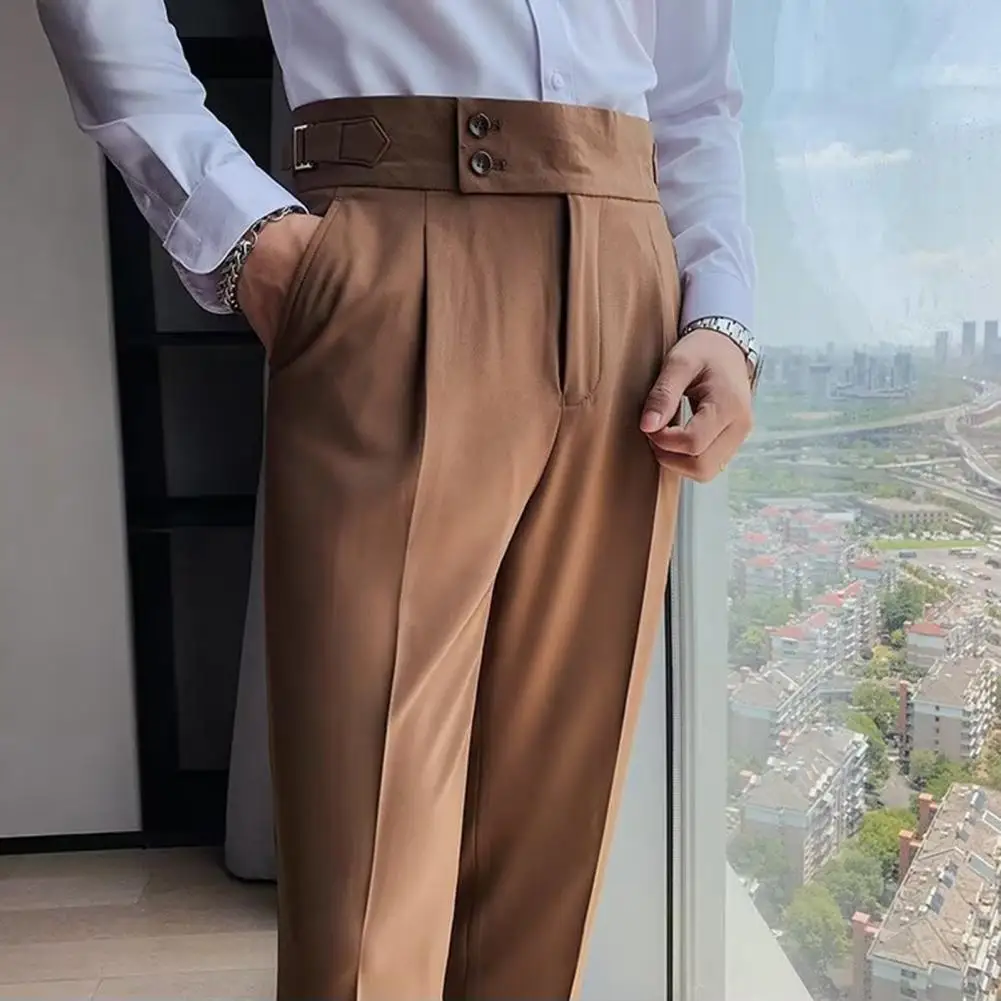 Men Solid Color Pants Classic Men\'s Office Trousers Slim Fit High Waist Vintage Pockets for Formal Business Style Men Pants