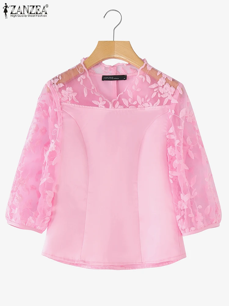 

ZANZEA Women Lace Patchwork Blouses 3/4 Lantern Sleeve Bohemian Tops Summer V Neck Blusas 2025 Oversized Casual Loose Tunics