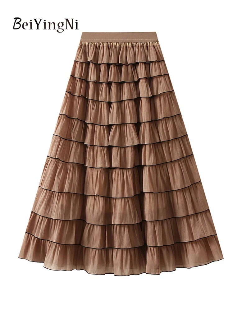 Beiyingni Franse Elegante Vrouwen Lange Taart Rokken Ruches Tiered Luxe Temperament Grijs A-lijn Maxi Rok Jupes Vrouwelijke Kleding