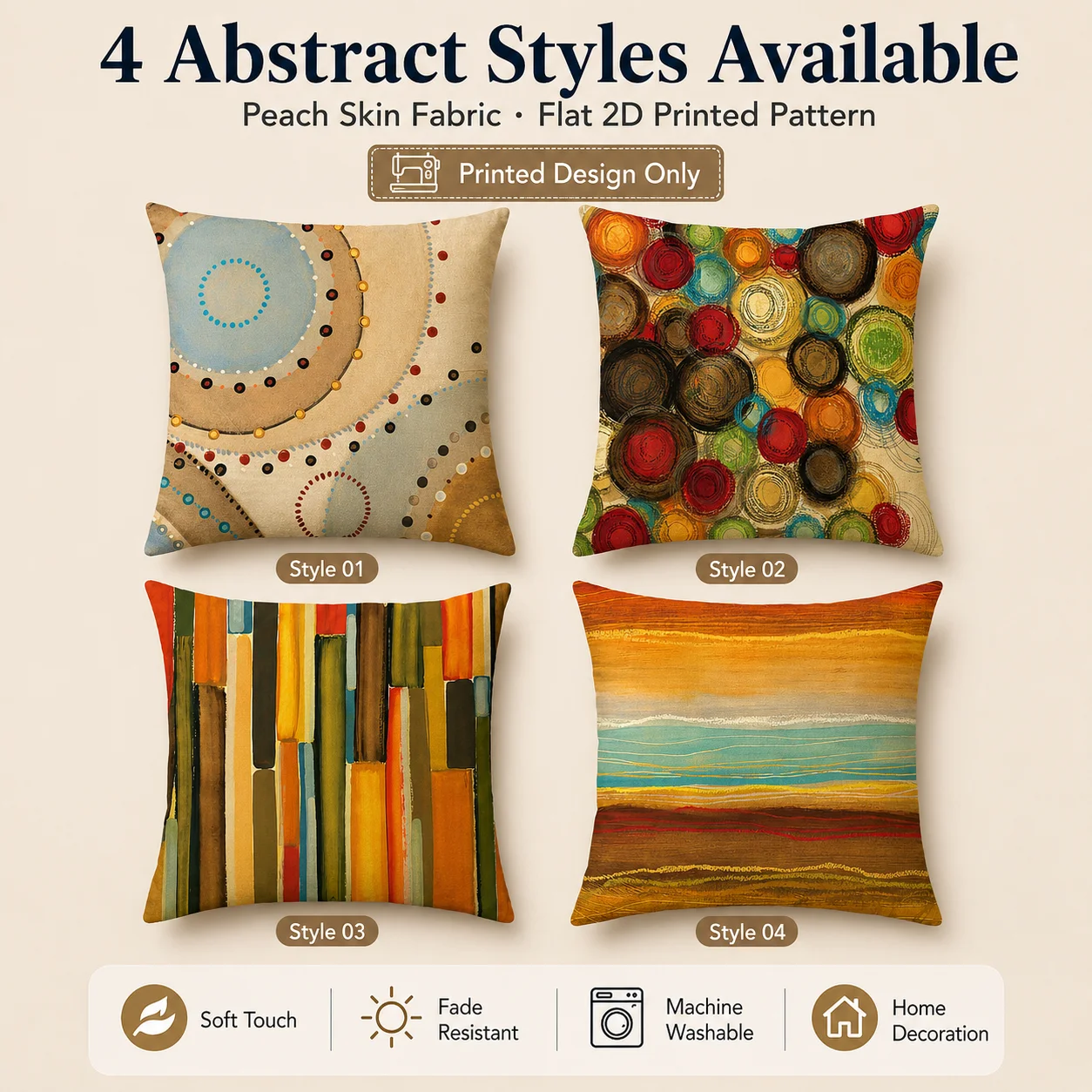 Colorful Circle Geometric Peach Skin Pillowcase 2D Flat Printed Retro Cushion Cover For Couch Bedroom Aesthetic Room Decor 45x45