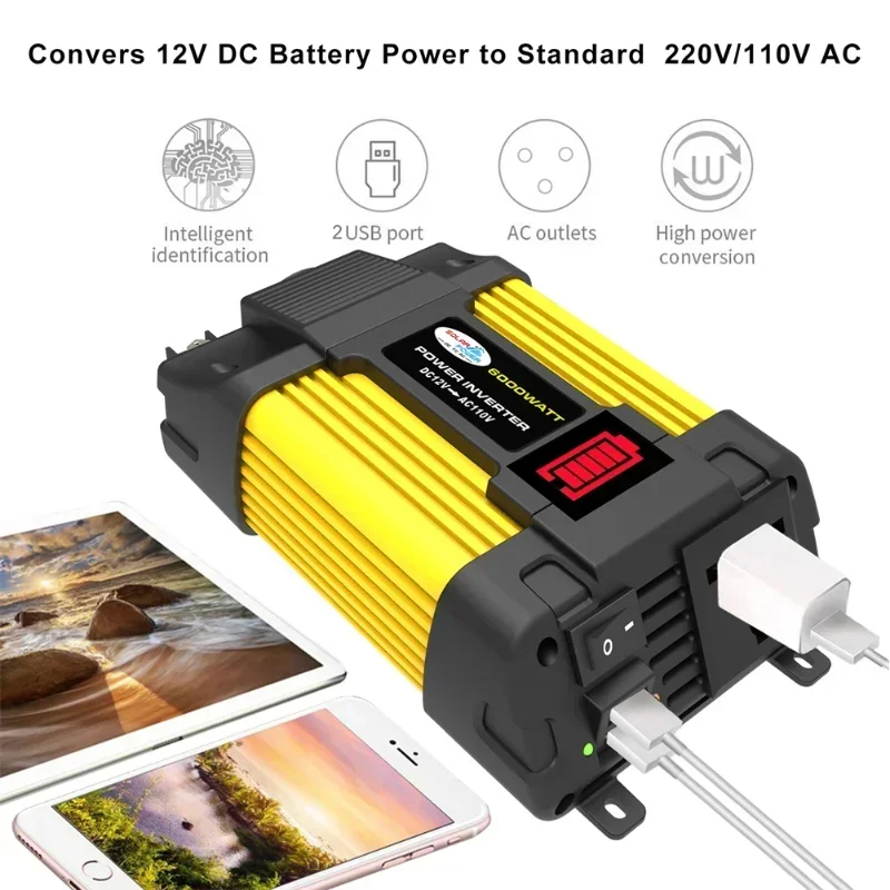 

Full New 6000W Car Power Inverter LED Voltage Capacity Display Transformer Converter 12V To 110/220V Dual USB Inverter For Car A