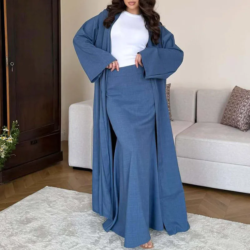 Jupe longue en coton et lin pour femmes, tenue élégante, couleur unie, ensemble deux pièces décontracté, manches longues, Cardigan et demi-jupe