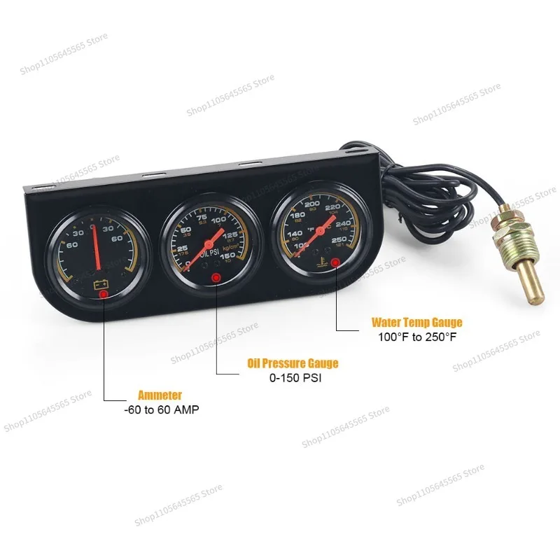 For 2-inch 52mm Car Current, Oil Pressure, Water Temperature Gauge, Mechanical Three in One Combination Instrument, Triple Meter