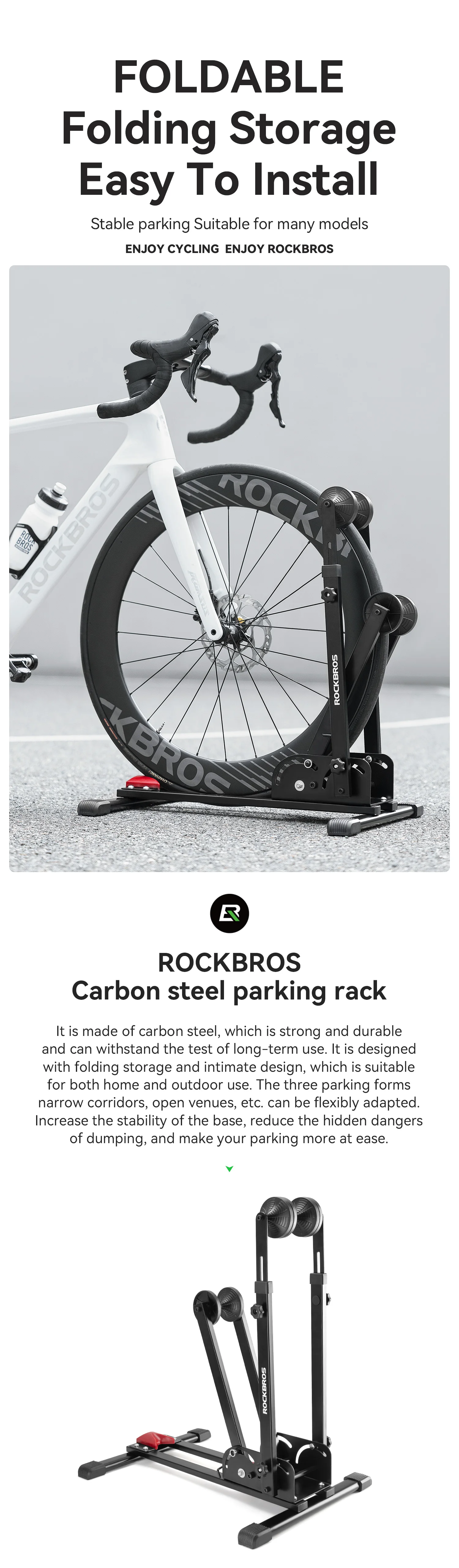 ROCKBROS Fahrrad-Parkständer, doppelte Stangen, Kohlenstoffstahl, MTB, Rennrad, faltbare Fahrrad-Parkständer, die Radfahren steht – Detail 1