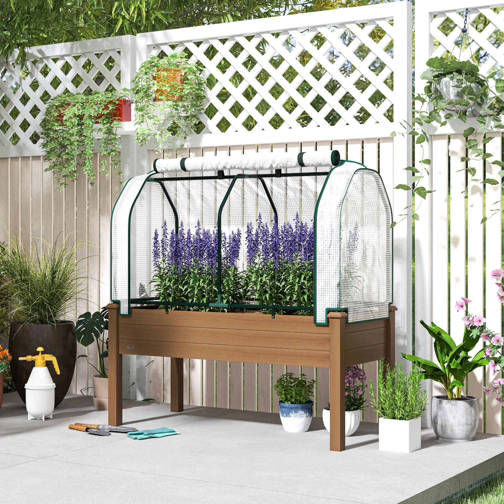 Raised Garden Bed Outdoor Elevated Wood Planter Box w/ PE Cover, Natural