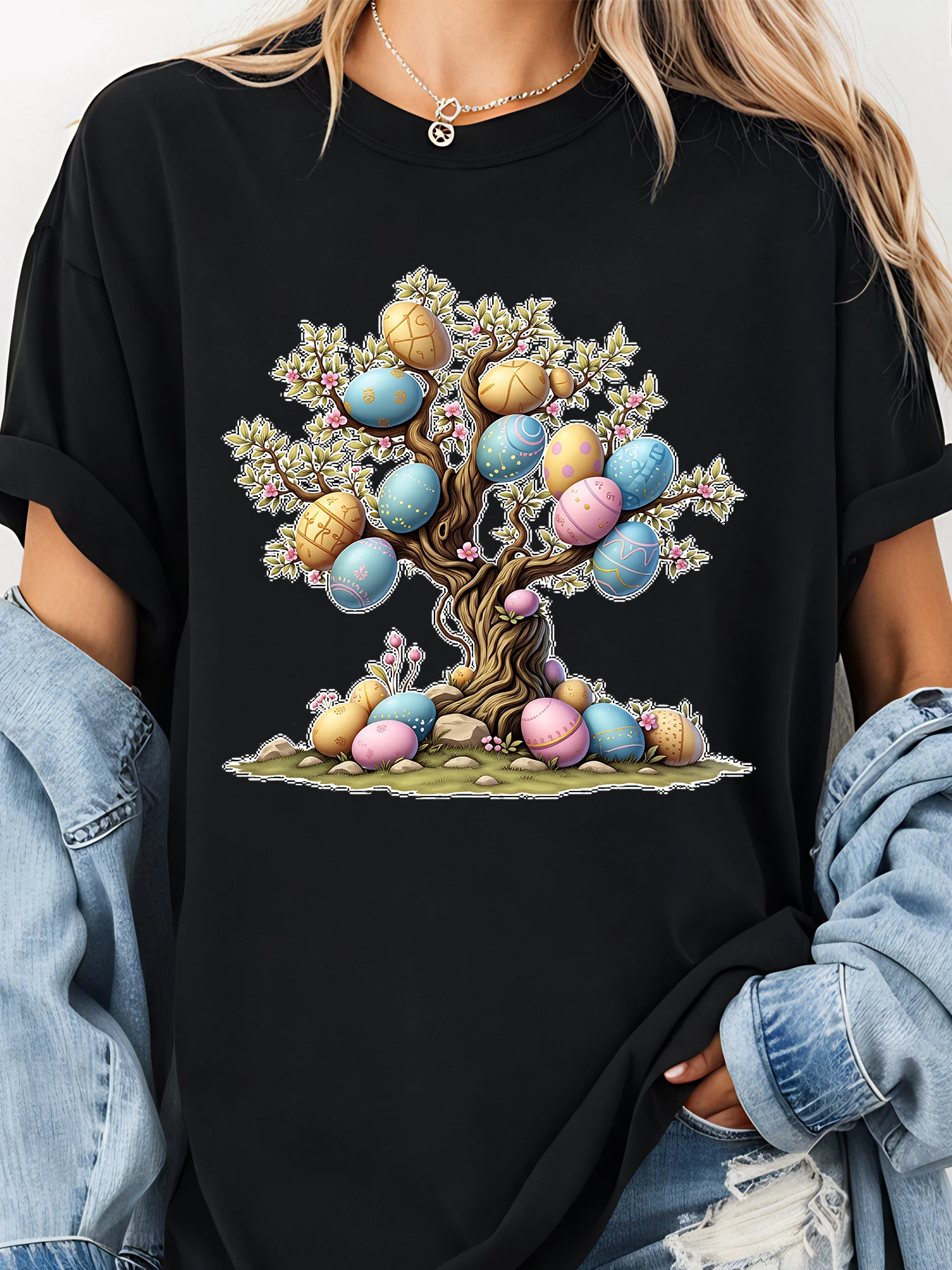 

Easter Tree Egg Pattern Printed T Shirt With Floral Details And Spring Scene For Women