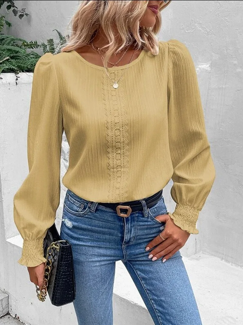 Elegant Women\'s Long Sleeved Shirt Spring/Summer 2023 Round Neck  Casual Solid Color Blouse Office Lady Clothing S-2XL