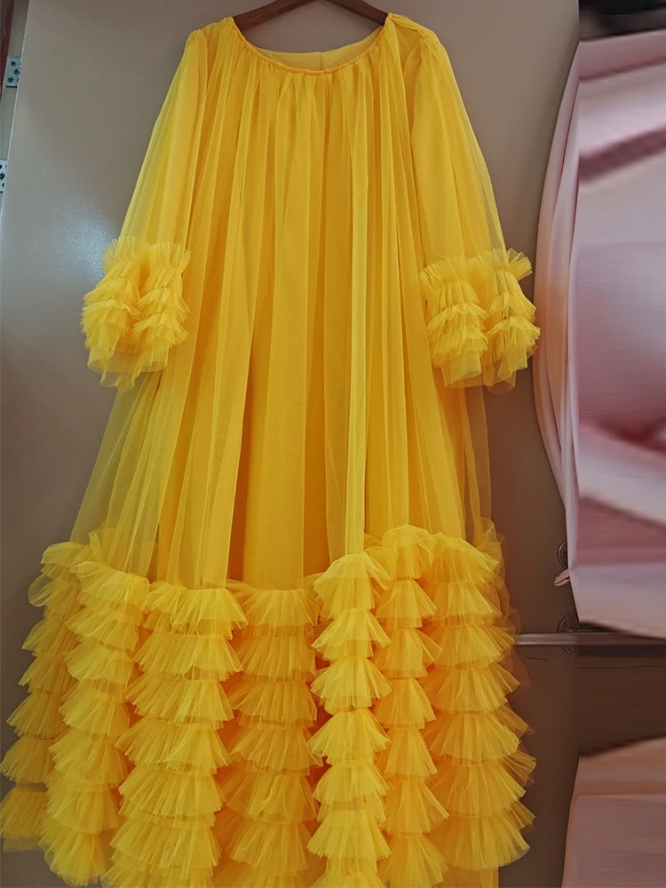 Fashion autumn 2024 women's new luxury temperament round neck trumpet sleeve loose dress solid color mesh Pengpeng cake skirt