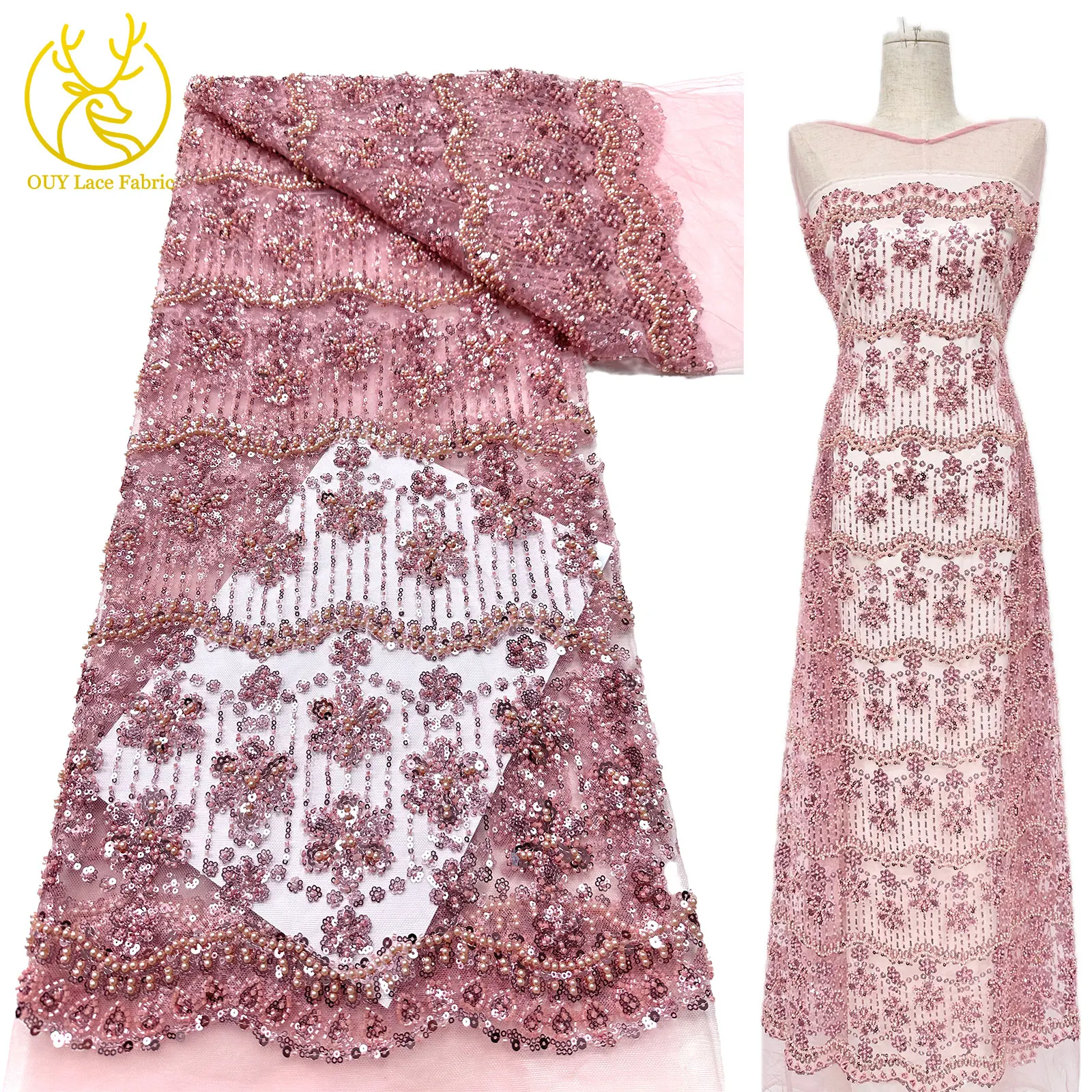 

Elegant African Groom Embroidered Beaded Lace Fabric 2025 French Sequin Tulle Lace Fabric Ladies Wedding Dress Sewing 5 Yards