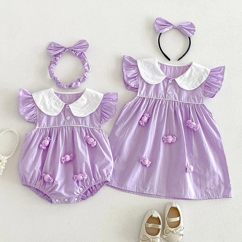 2026 New Summer Sister Clothing Kids Princess Dress Fly Sleeve Cotton Solid Color Splicing 2-7Yrs Baby Girl Birthday Party Dress