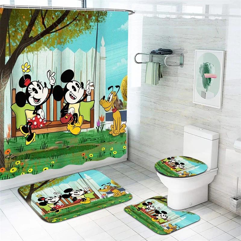 Mickey Shower Curtain 4 Piece Set Anime Cartoon Pattern Art Decoration Bathroom Accessories Set Full Mat Luxury