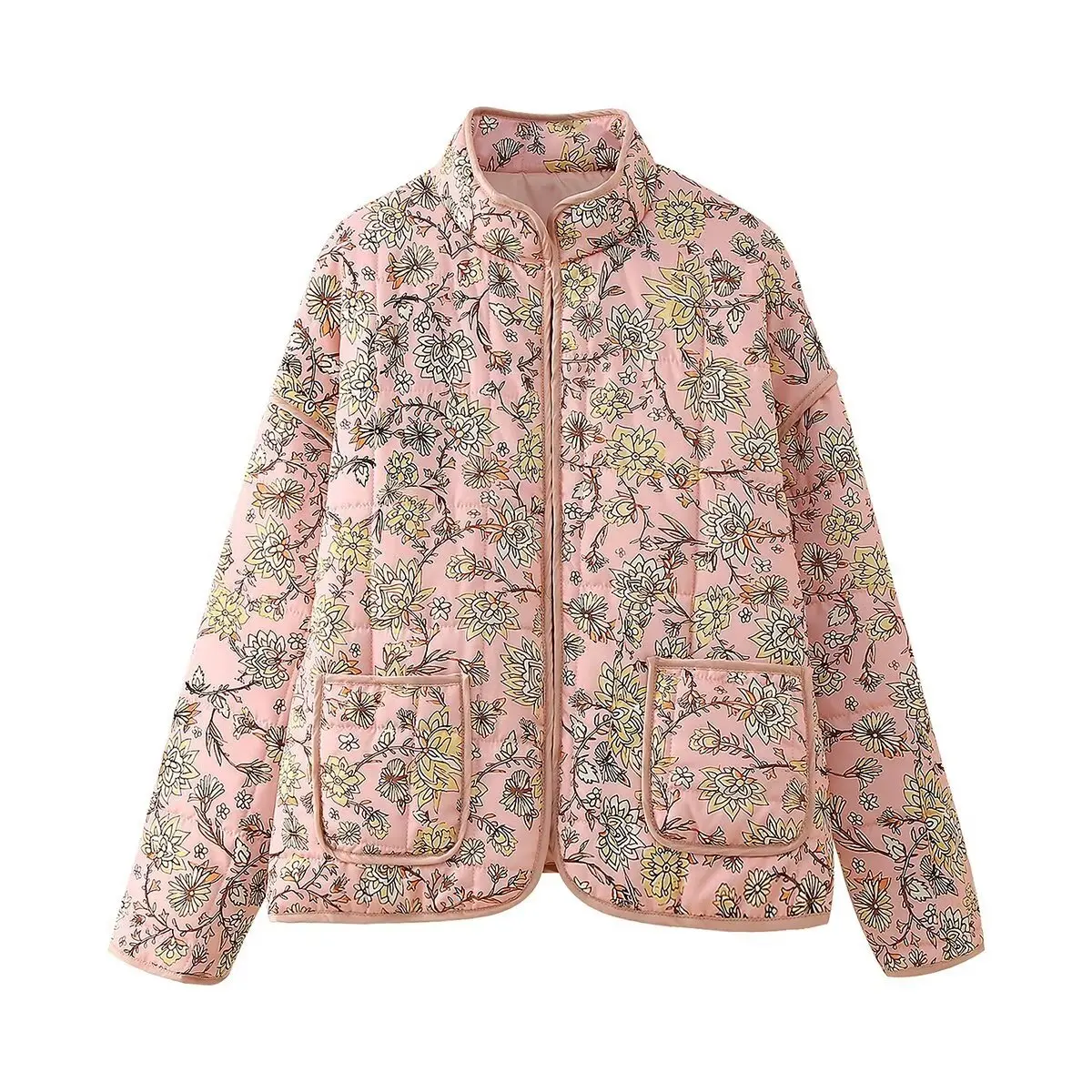 Women Floral Print Jacket 2024 Fashion Long Sleeve Stand neck Quilted Coat Winter Cardigan Pockets Loose Street Coat