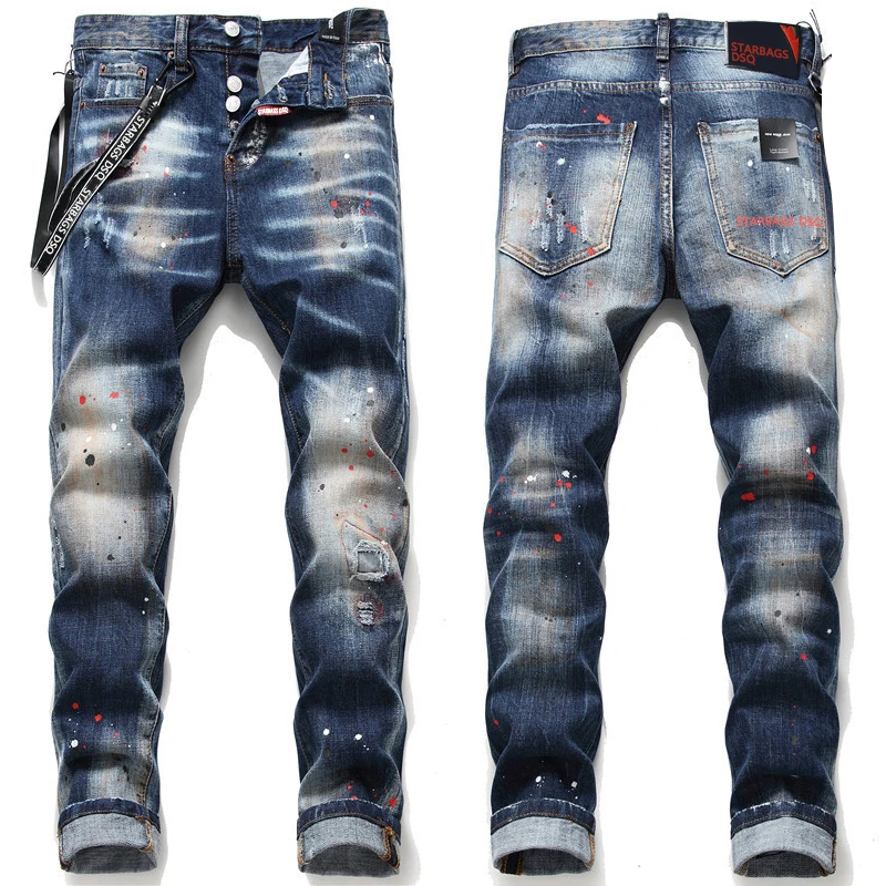 

starbags dsq 1048 new Men's skinny Skinny jeans Ripped Fabric Non-stretch Paint Splash vintage blue jeans