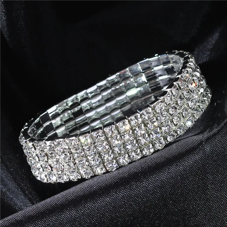 Fashion Full Crystal Rhinestone Elastic Charm Bracelets Gold Silver Plated Bangles Bling Wristband Women Wedding Jewelry gift