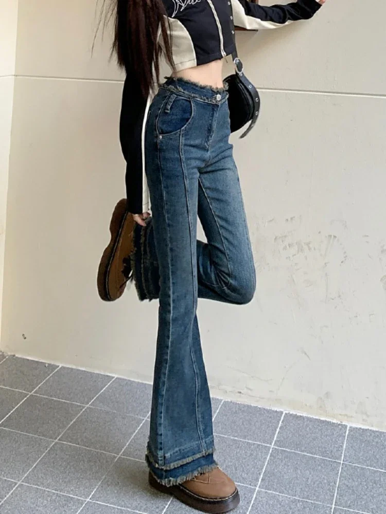 Flare Jeans Women Pure Elegant Vintage Graceful New Autumn American Style Streetwear Ripped High Waist Denim Gentle Harajuku Y2k