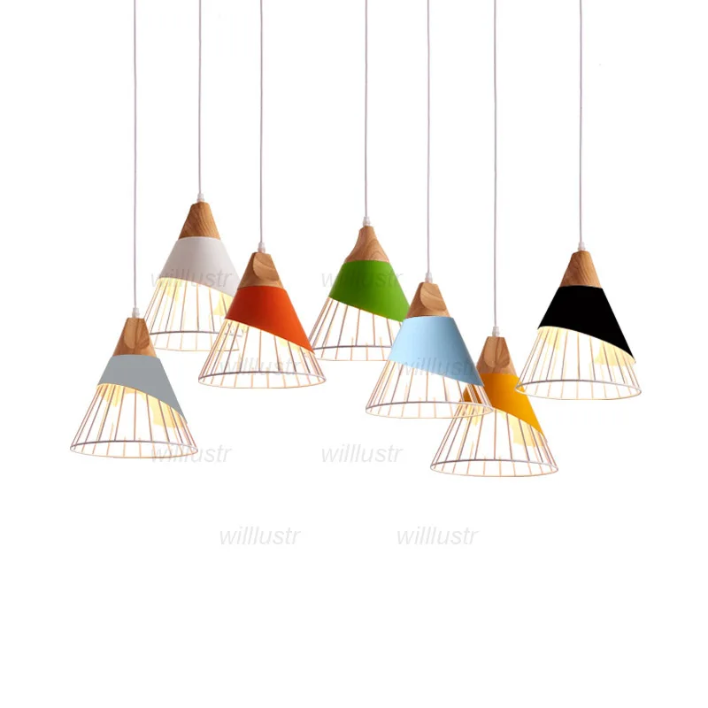 Macaron Color Metal Pendant Lamp Industrial Style Wood Suspension Light Hotel Cafe Bar Creative Cone Hanging Ceiling Chandelier