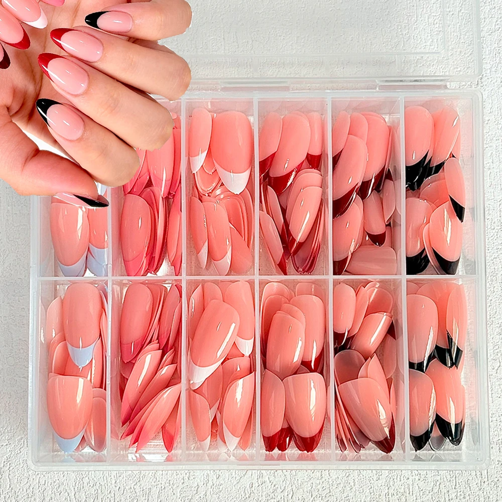 288 szt. Sztuczne paznokcie typu French Tips, akrylowe, migdałowe, pełne pokrycie, sztuczne paznokcie w kolorze czerwonym/czarnym/białym, owalne, do przedłużania paznokci dla kobiet.