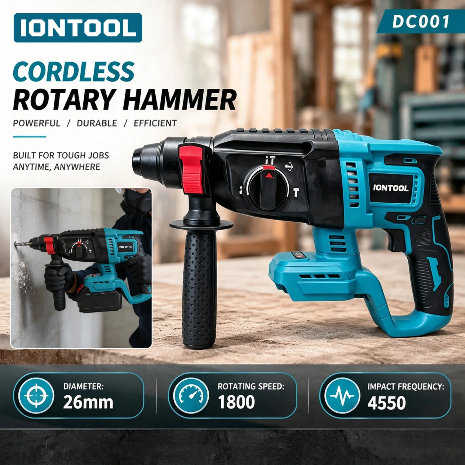 IONTOOL 18V 26mm 1800RPM 4550BPM SDS Brushless Hammer for Concrete Drilling and Anchor Setting Bare Unit