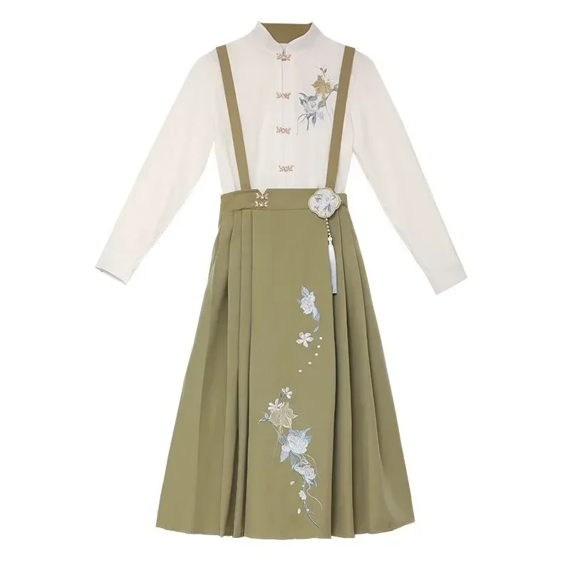 Costume cinese antico da donna Colletto rialzato bianco Top a maniche lunghe Gonna ricamata verde Abbigliamento moderno da festa per ragazza Hanfu