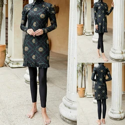 Nieuwe Boerkini Arabische Peplum Badmuts Driedelig Badpak Elegante Groene Print Conservatieve Broek Lange Rok Cover Badpak