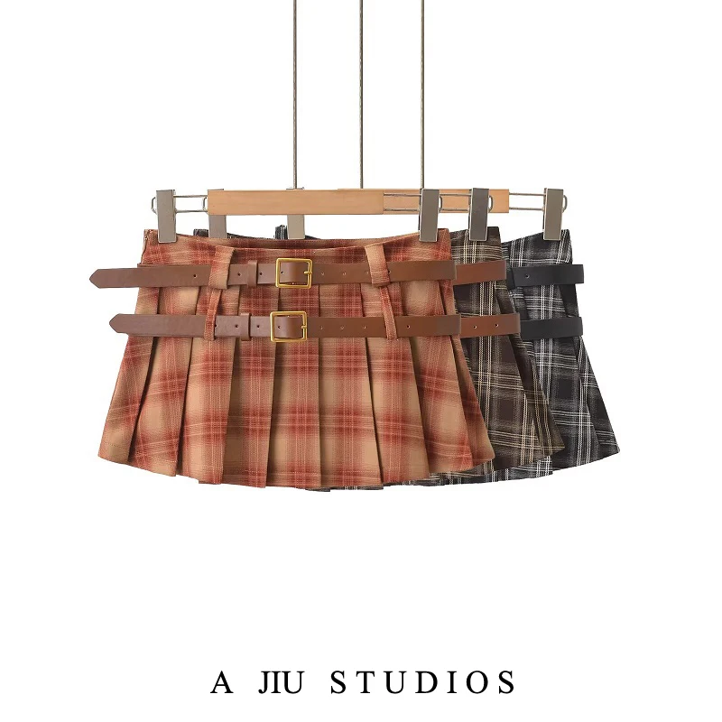 Sli ort geruite plooirok met dubbel riemontwerp Amerikaanse Sle f-lengte rok met lage taille voor trendy meisjes