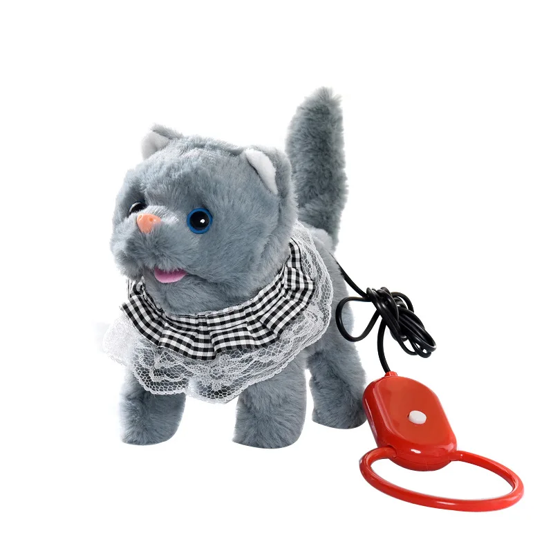 ของเล่นตุ๊กตาแมวไฟฟ้าสำหรับเด็ก แบบดึงเชือก วิ่งได้/มีเสียงเหมือนจริง ของเล่นแมวเหมือนจริงสำหรับเด็กเล็ก ฝึกเดิน