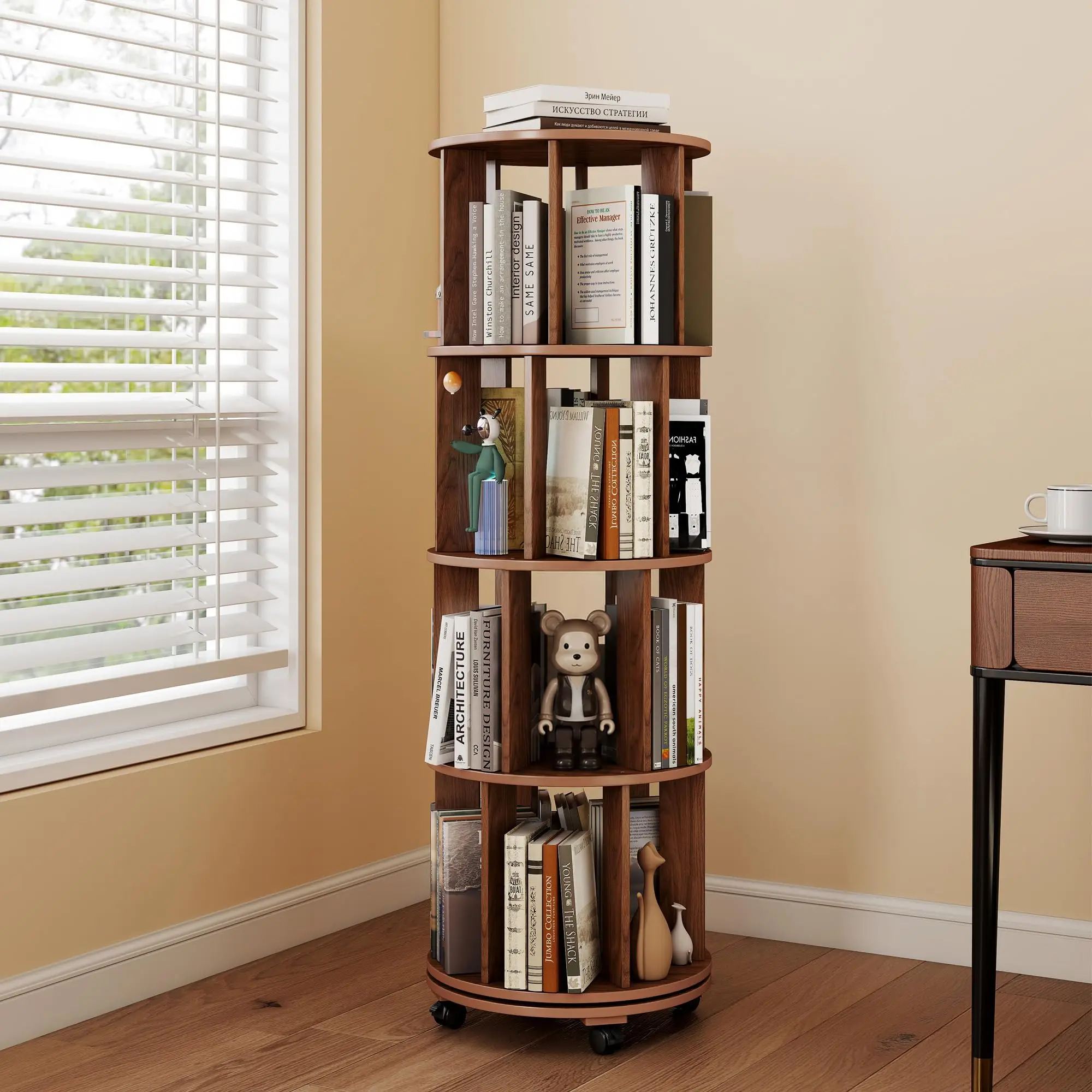 4-Tier Wood Rotating Bookshelf on Wheels, 360° Spinning Bookshelf Tower