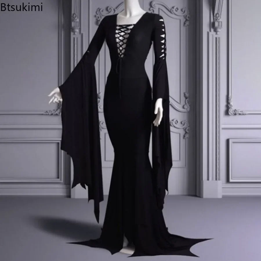 2024 donne Morticia Addams Cosplay vestito da pavimento Costume adulto donne Punk gotico strega Vintage Sexy Lace Up Slim Gown Halloween