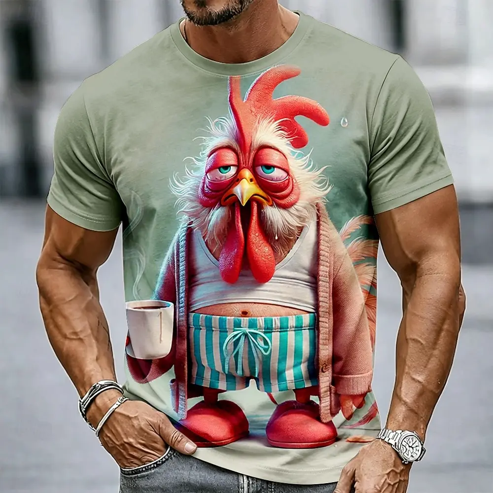 Men's Tired Rooster In Pajamas Coffee Print T-Shirt Cartoon Sleepy Chicken Morning Mood Graphic Crew Neck Short Sleeve Tee