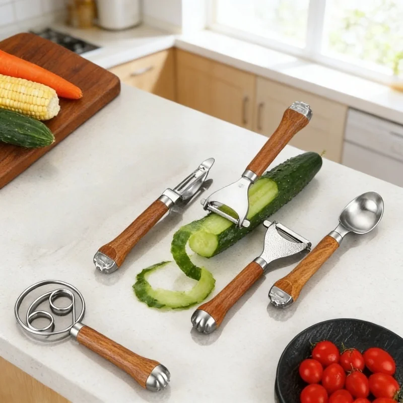 

2026 Cute Kitchen Artifacts Stainless Steel Tableware Set Spoon Scoop Scraper Grater Mixer Wooden Handle Home Restaurant Supply