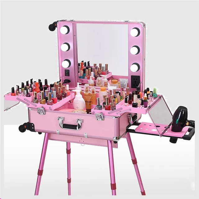 top sales 3 types Professional Rolling Studio Makeup Artist Cosmetic Case Beauty Trolley Light Mirror Box Pink Train