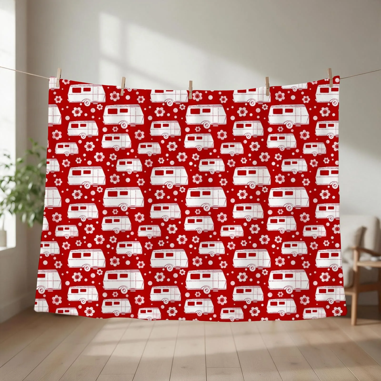 Vintage Caravan block print in red and white Throw Blanket couch cozy soft plush fuzzy picnic outdoor blanket