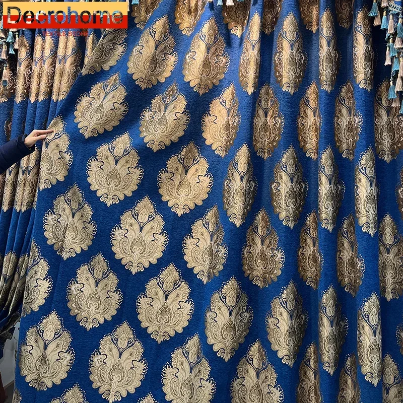 American High-end Retro Blue Chenille Jacquard Thickened Curtains for Living Room Bedroom and Villa Customization Valance