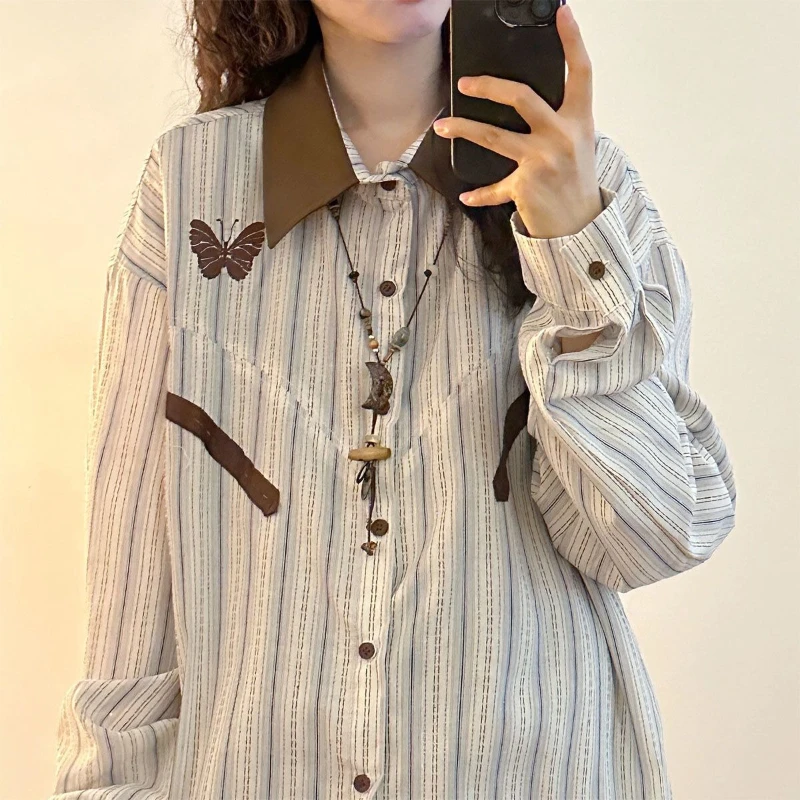 Japanse subcultuur zoete vlinderpatroon T-shirt gestreept lange mouw slanke knop splice nieuwe stijl zachte luie jas herfst