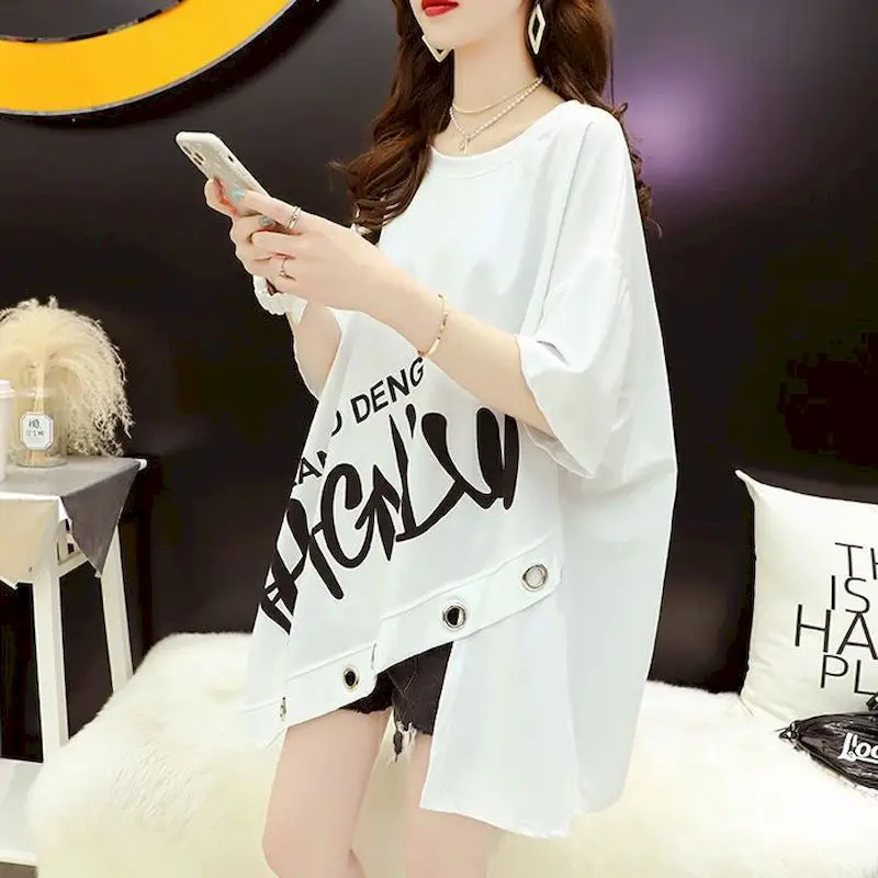 Cotton T Shirt Women Fashion Design Niche Letter Round Neck T-shirt Short-sleeved Mid-length Loose Casual Summer Tshirts