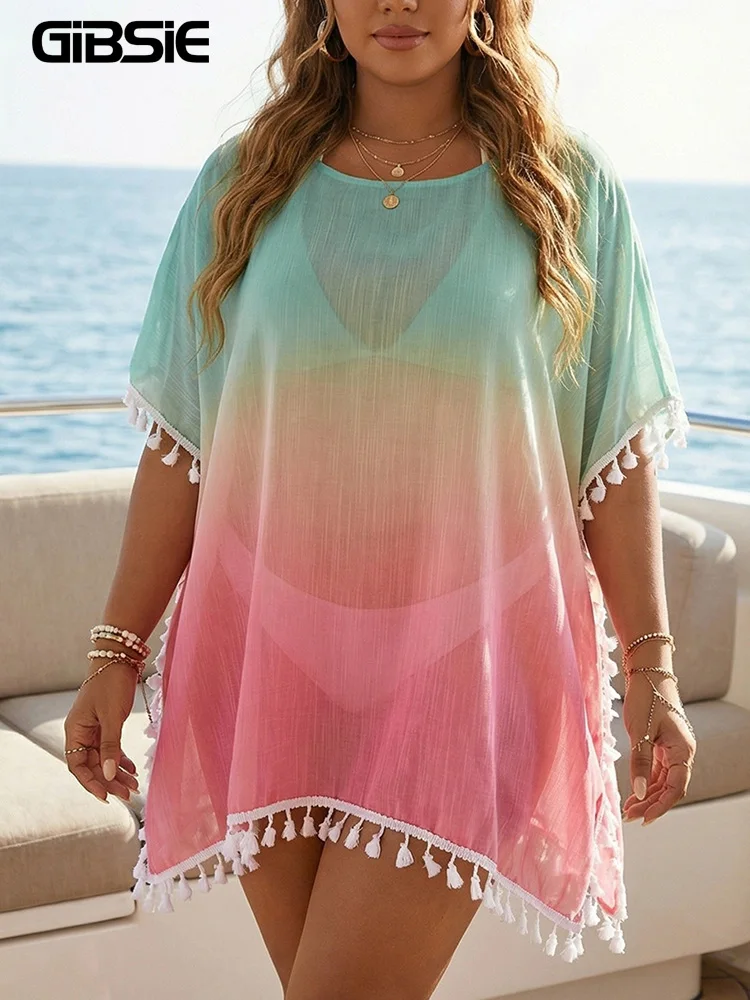

Пляжная туника GIBSIE больших размеров с градиентным принтом и бахромой, женская летняя свободная туника для отпуска, пляжная одежда, накидка для бикини