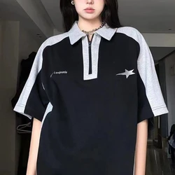 Fashion Cotton Polo Shirt Casual Short Sleeve T-shirt Women Men Embroidery Zipper Loose Preppy Couple Clothes Harajuku Tops Tees