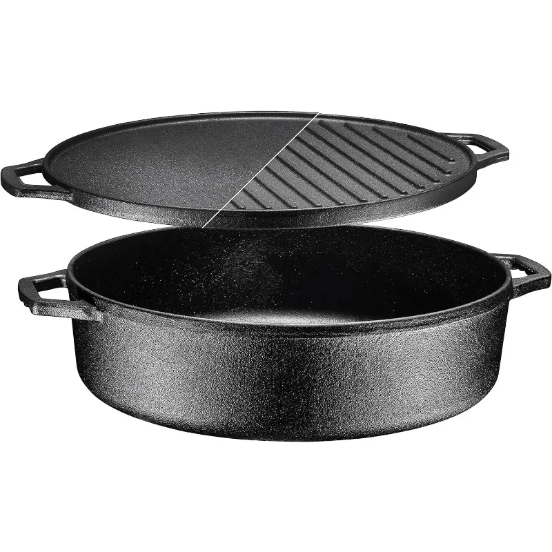 

Bruntmor 3-In-1 Pre-Seasoned Cast Iron Skillets Round Deep Roasting Pan With Reversible Grill Griddle Lid, Non-Stick Open Fire