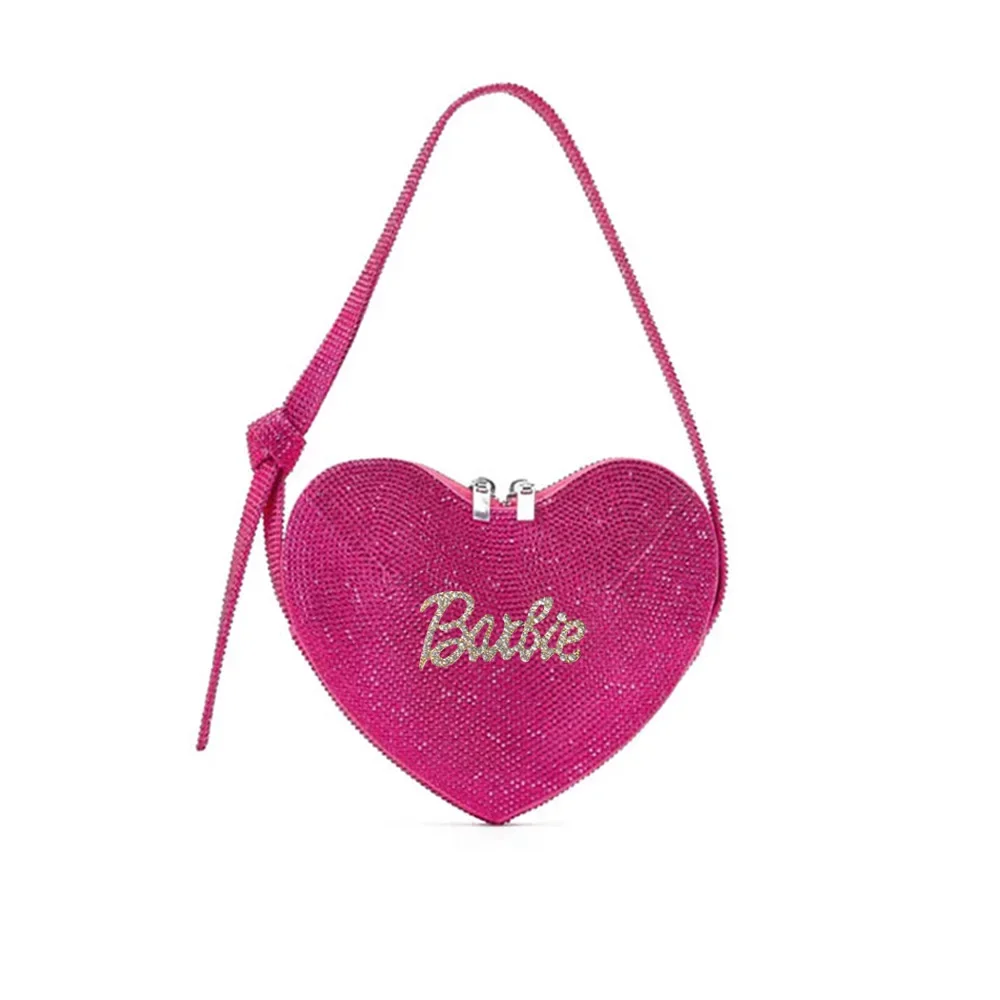 Barbie Heart-shaped Shoulder Bag Love Full Diamond Flash Party New Portable Anime Kawaii Mini Phone Underarm Bag Girl Gifts