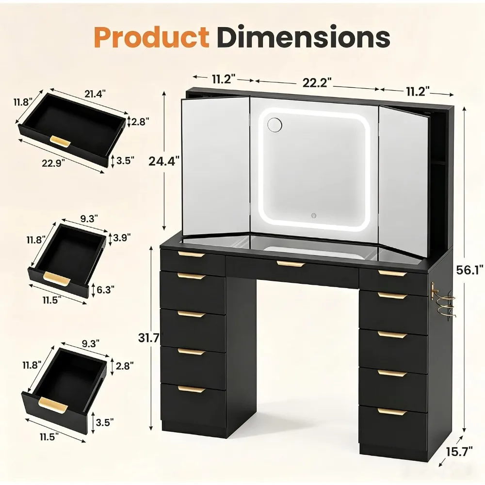 Black Glass Top Vanity Desk with Foldable Mirror, Lights and Charging Station