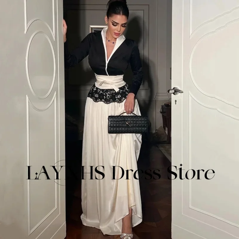 

LAYXHS Fashion Black V-Neck Evening Dresses Long Sleeve White A-Line Lace Pleat Formal Prom Dresses Customized فستان سهرة نسائي