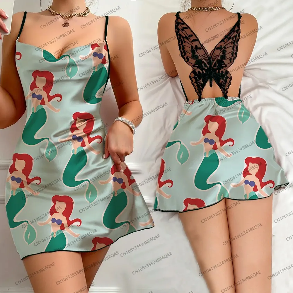 فستان حفلات صيفي 2025 مطبوع عليه أميرات ديزني فستان نوم أنيق من الدانتيل على شكل فراشة للسيدات تنورة بحمالات مريحة بدون ظهر