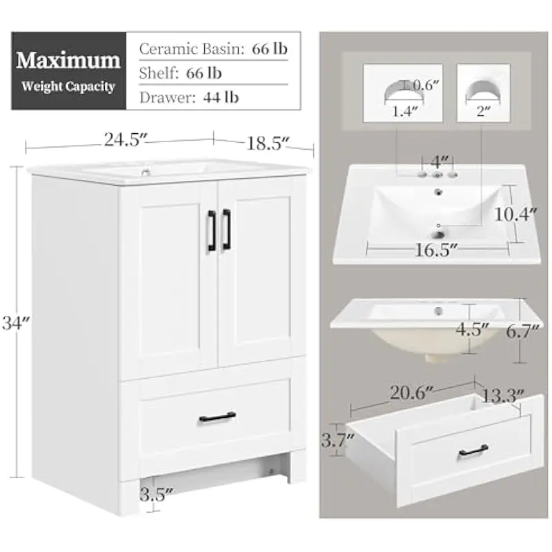 24.5 Inch Wide White Bathroom Vanity Unit Featuring Ceramic Sink Basin Integrated Drain Hole Three Hole Faucet Mount Rectangular