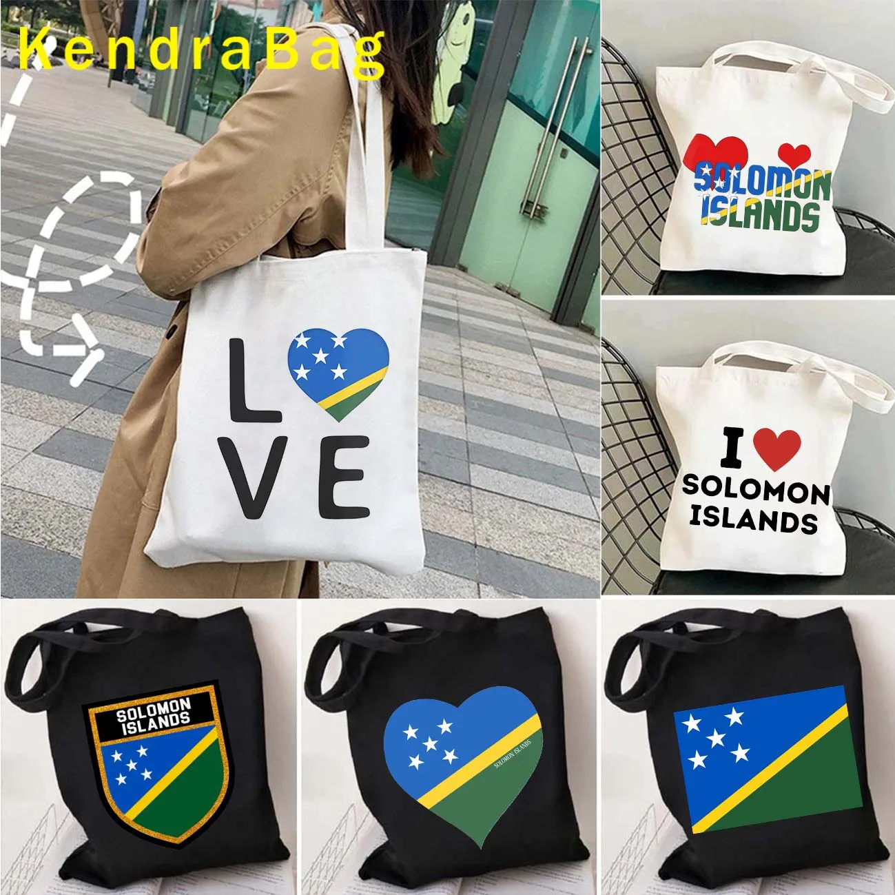 Arms of Solomon Islands Flag Emblem Patriotic Gifts Love Heart Women Canvas Shoulder Totes Bags Harajuku Shopper Cotton Handbags