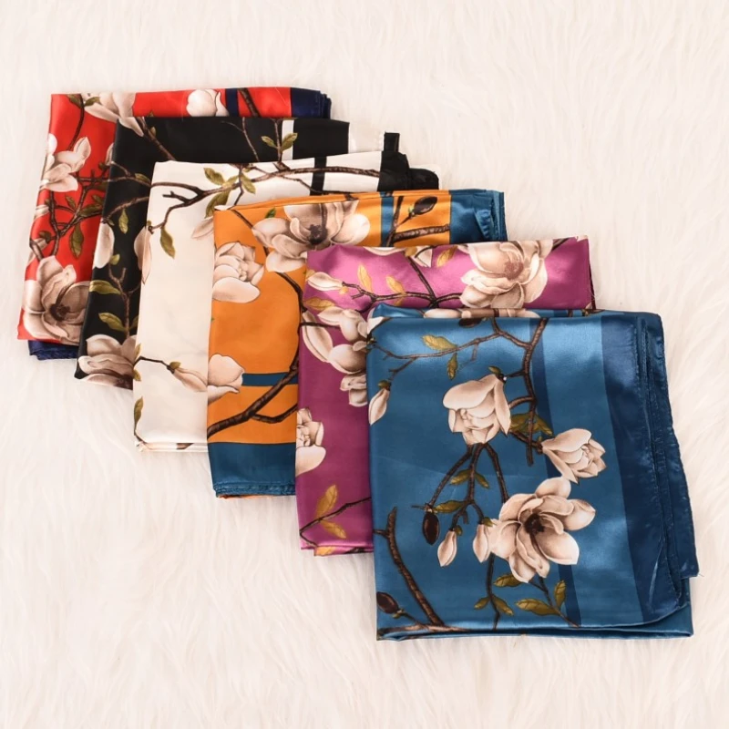 Heitou-bufanda de seda de verano, pañuelo cuadrado con estampado de orquídeas de ciruela, crisantemo de bambú, accesorios para bolsos, 90CM