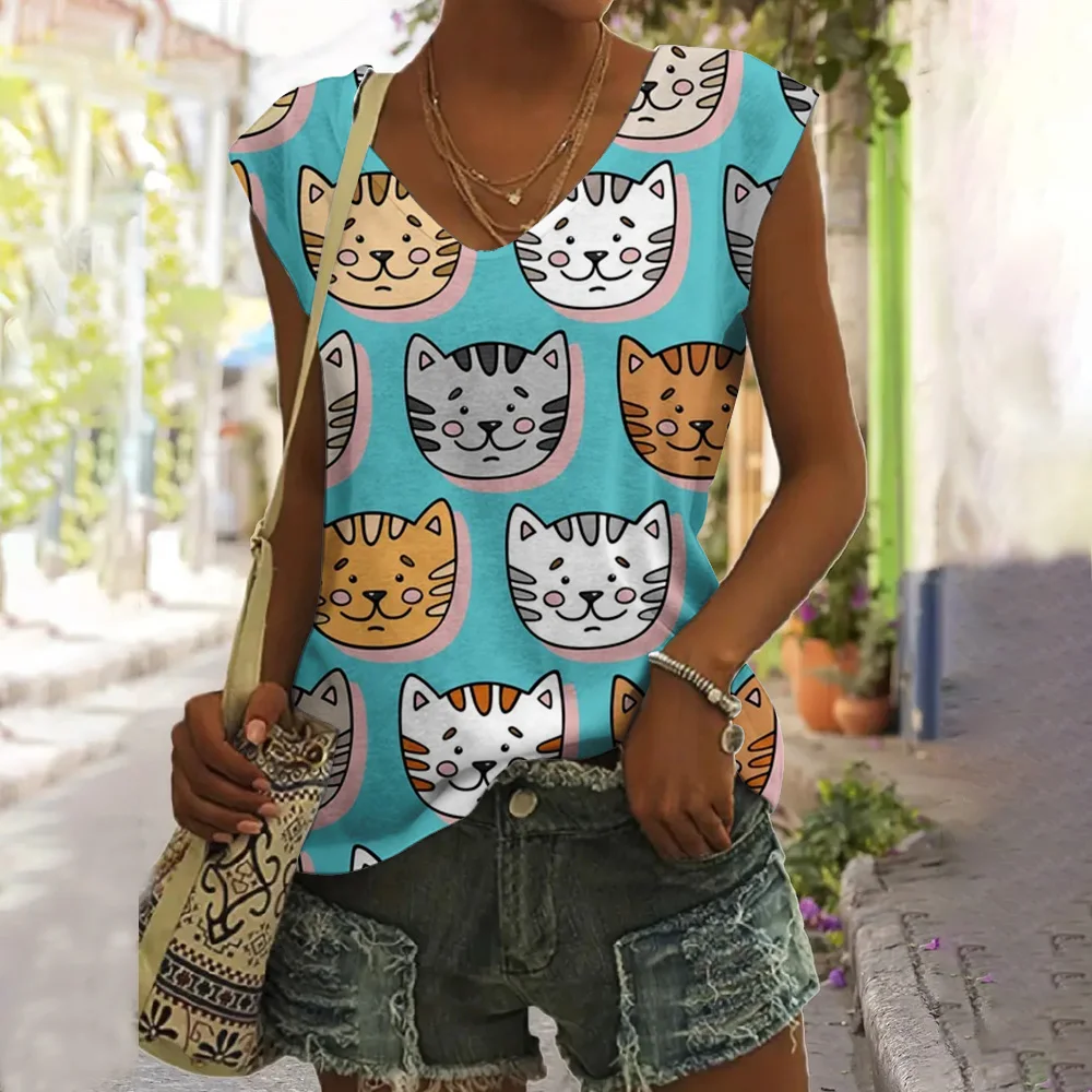 2024 Women\'s V-neck Vest Fashion Cartoon Cat Paint Print V-neck Vest Leisure Comfortable Women\'s Elegant Sleeveless V-neck Vest