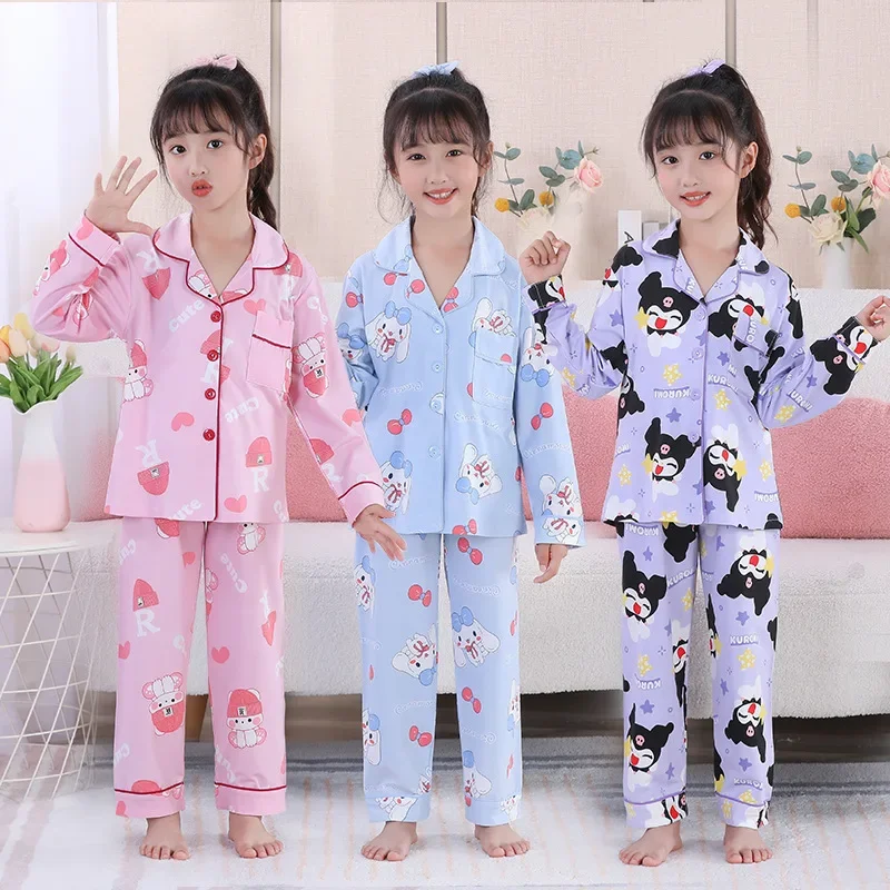 

Sanrio Hello Kitty Pajamas for Kids Kuromi Cinnamoroll Children Casual Long Sleeve Flip Neck Cardigan Girls Nightwear Long Pants