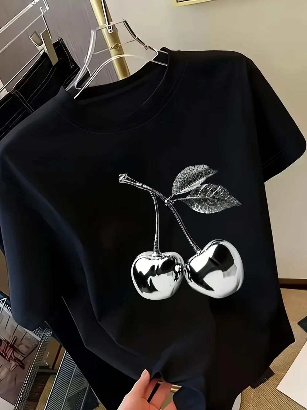 Goldener Kirschdruck Damen Kurzarm-T-Shirt Stilvolles Casual-Oberteil mit Eleganz Vielseitiges Top für Frauen Minimalistisches Design – Detail 11