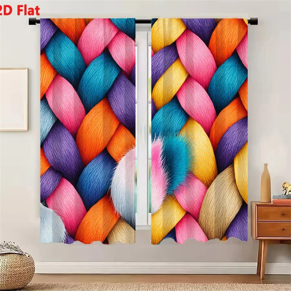 2Pcs Curtains 2D Flat Colorful Interwoven Braided Fibers Pattern with Soft Fluffy Textures in Pink Blue Purple Orange Yellow Lig